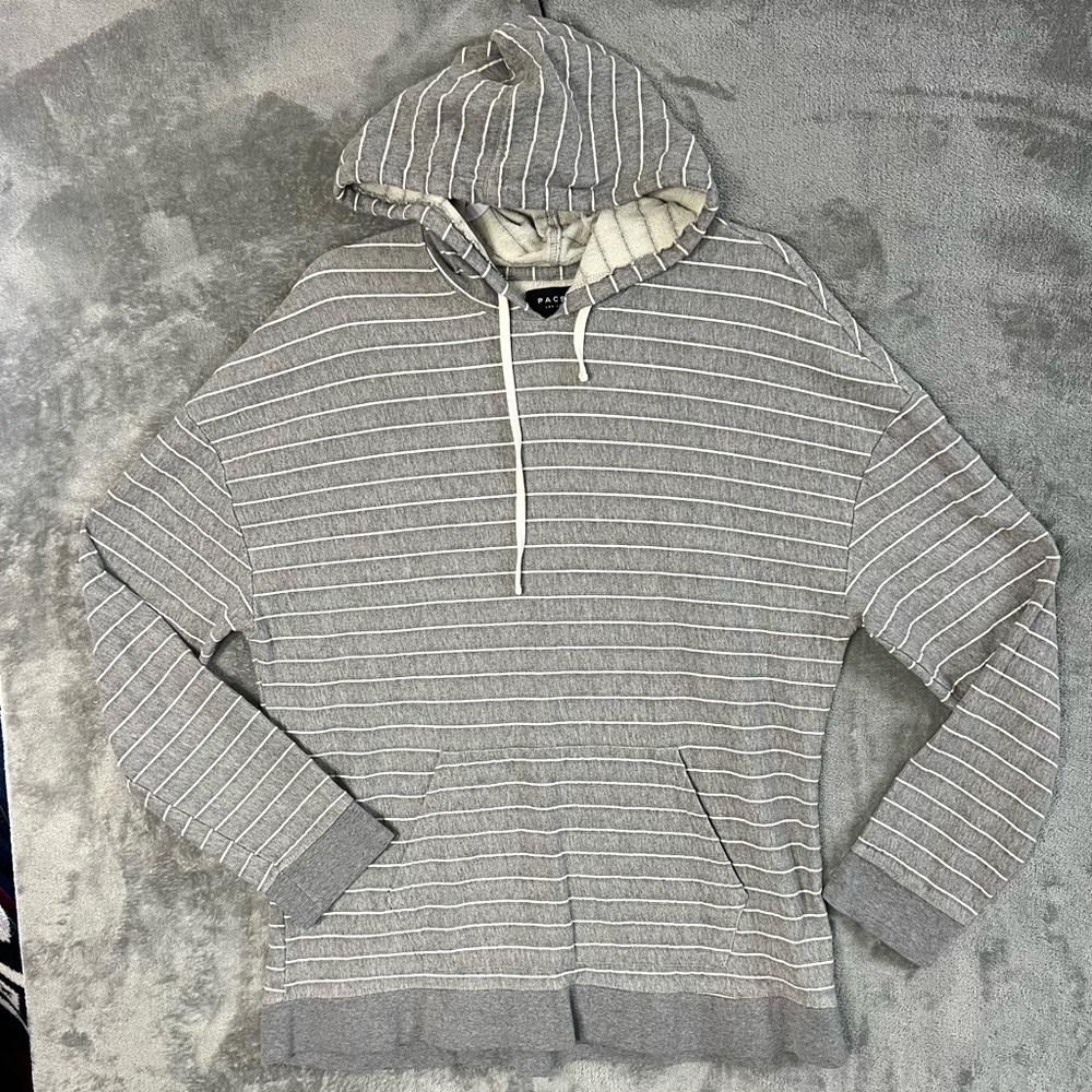 PacSun Gray & White Striped Hoodie Pullover Casual‎ Sweatshirt